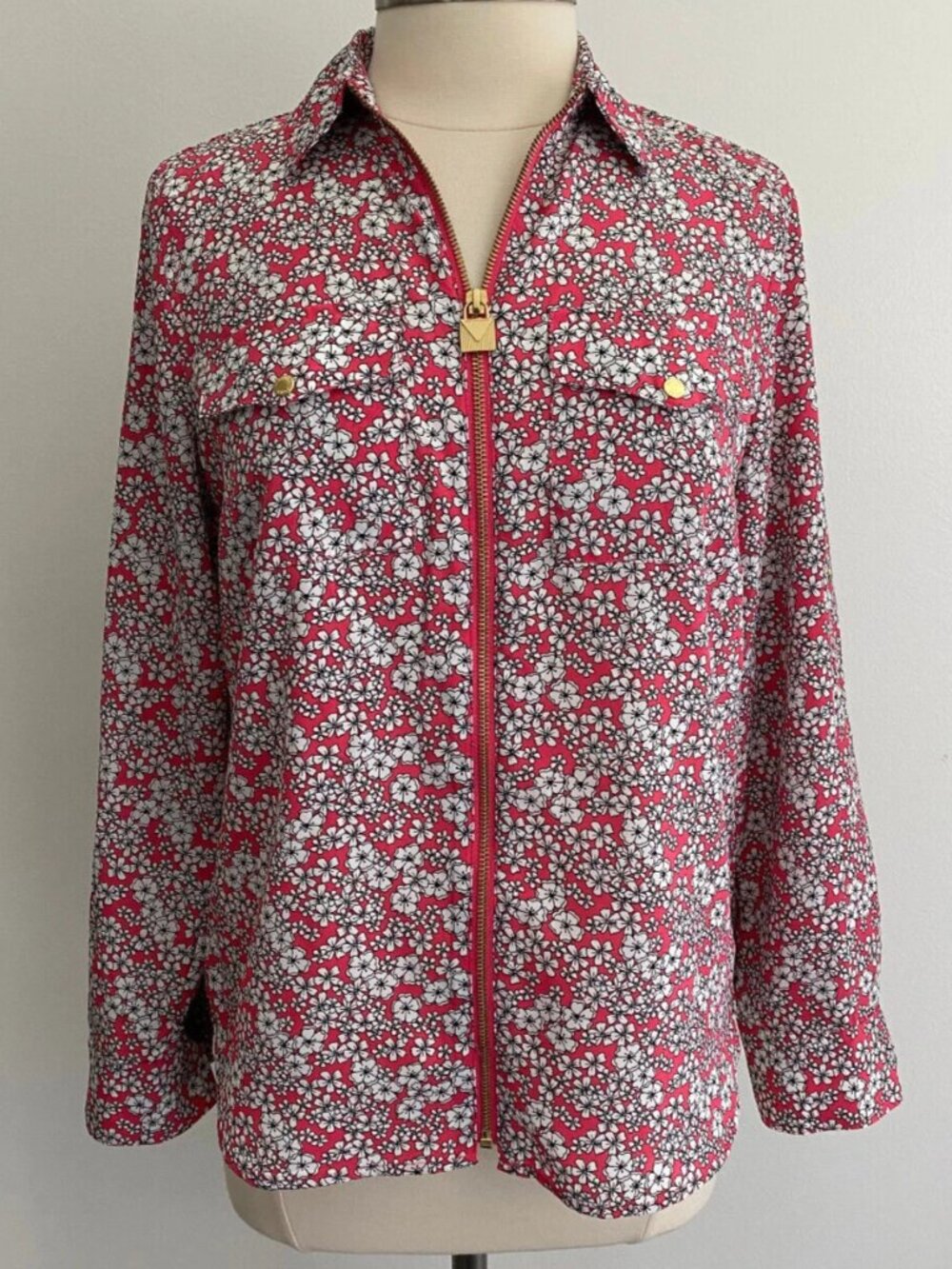 Michael Kors Women’s Red Floral Zip-Front Shirt Sweet Pea Stacy Frati